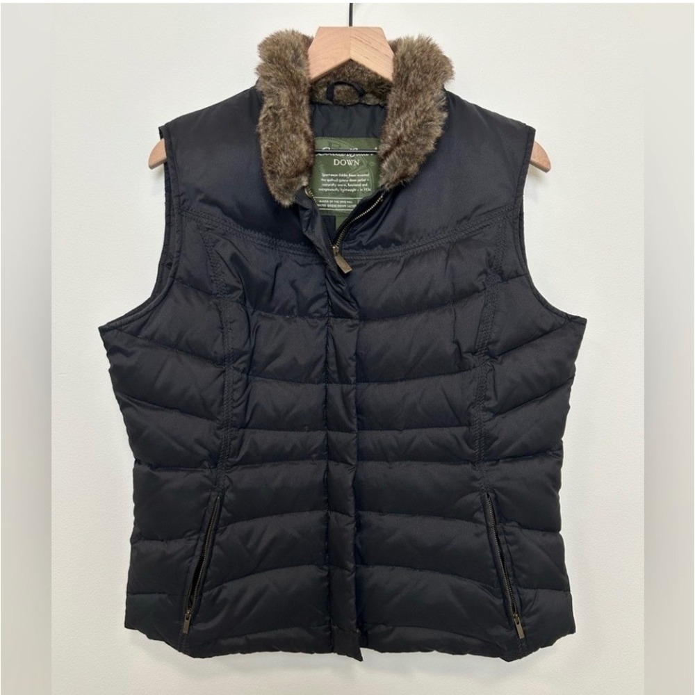 Eddie Bauer Premium Goose Down Vest Black Faux Fur Collar Puffer Size M 0232